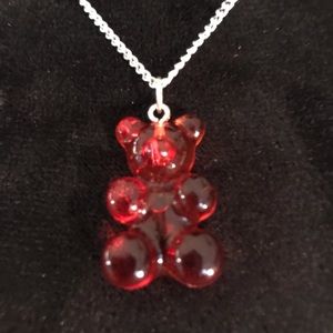 Gummy bear necklace silver tone w red pendant